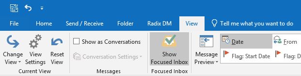 Focused Inbox on & off option in Outlook 2016