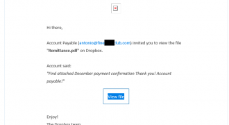Fake Dropbox Email (January 2019) – Note: Generic greeting, confusing/unrecognisable content, unsolicited file – Source: <a href="https://help.sentrian.com.au/knowledge/get-support/" target="_blank" rel="noopener">Sentrian Service Desk</a>